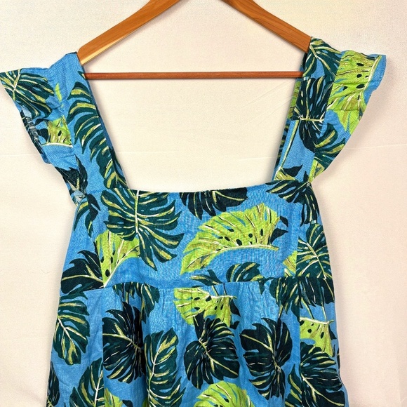 Draper James  Women Linen Midi Dress Blue Monstera XXL Babydoll Square Neck Y2K - Picture 3 of 12